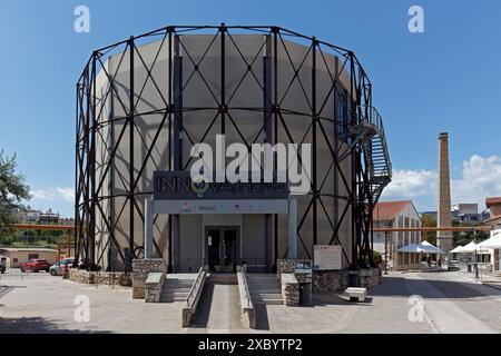 Innovathens event hall in the former gas storage facility 2, Athens Gasworks Industrial Monument from 1875, Technopolis City of Athens, Gazi Stock Photo