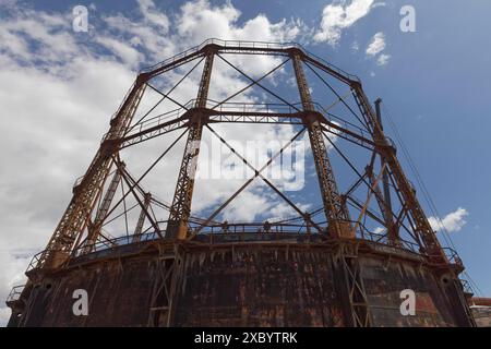 Iron skeleton of an old gas holder, Athens Gasworks Industrial Monument from 1875, Gazi district, Athens, Greece Stock Photo