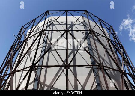 Former gas holder 1, steel skeleton graphic, industrial monument Athens gasworks from 1857, today venue Technopolis City of Athens, Gazi district Stock Photo