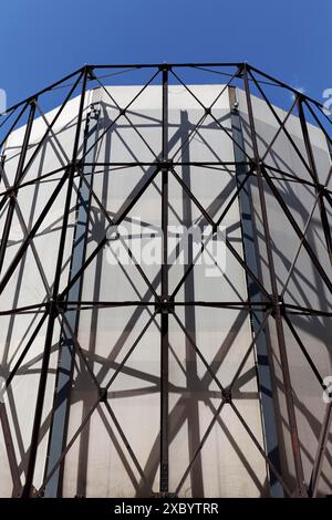 Former gas holder 1, steel skeleton graphic, industrial monument Athens gasworks from 1857, today venue Technopolis City of Athens, Gazi district Stock Photo