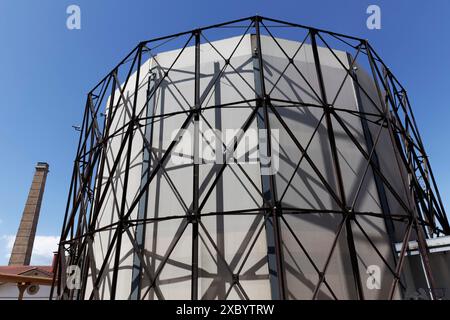 Former gas holder 1, steel skeleton graphic, industrial monument Athens gasworks from 1857, today venue Technopolis City of Athens, Gazi district Stock Photo