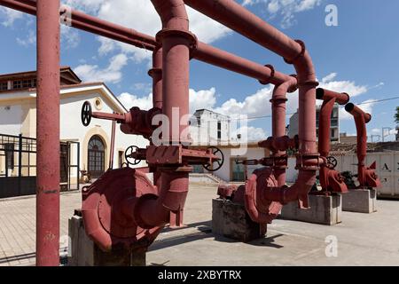 Tubes with gas meter, industrial monument Athens Gasworks from 1875, today venue Technopolis City of Athens, Gazi district, Athens, Greece Stock Photo