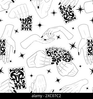 Seamless pattern with hands of fortune teller, tarot cards and mystical symbols. Tattoo, poster or altar print design concept; esoteric, wicca and got Stock Vector