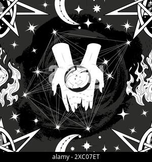 Seamless pattern with hands of fortune teller, magic crystal ball and mystical symbols. Tattoo, poster or altar print design concept; esoteric, wicca Stock Vector