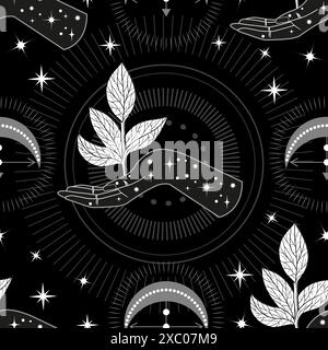 Seamless pattern with hand of fortune teller, plant, crescent and mystical symbols. Tattoo, poster or altar print design concept; esoteric, wicca and Stock Vector