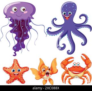 Colorful cartoon sea animals with smiling faces Stock Vector