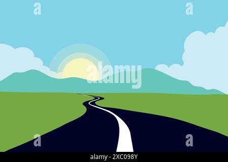 The road that cuts through green fields, mountains and sunshine in the morning. Stock Vector