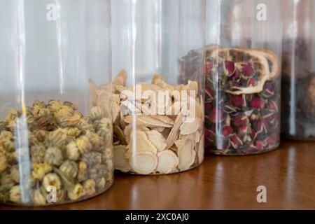 close up dried astragalus and other Chinese herbs Stock Photo