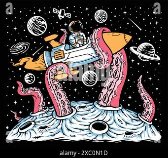 Monsters attack astronaut rocket in space illustration Stock Vector