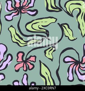 Black brush strokes inky purple and pink flowers seamless pattern on green background Stock Vector
