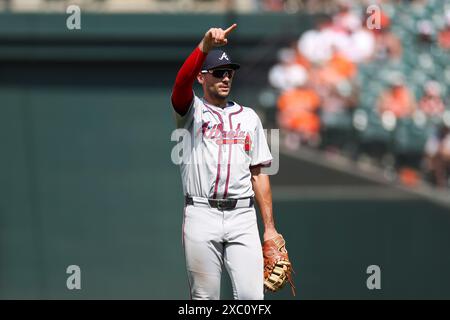 Matt Olson #28 of the Atlanta Braves gestures during a game against the Baltimore Orioles at Oriole Park at Camden Yards on June 13, 2024 in Baltimore, Maryland. (Photo by Brandon Sloter/Image Of Sport) Stock Photo