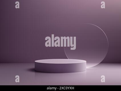 3D purple podium stand with circle glass backdrop on purple background is perfect for modern interior concept product display mockups Stock Vector