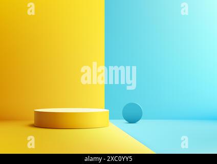 3D Yellow Podium on Stage with Blue Background, Modern Style Product Display Mockup, Showroom Showcase Design Stock Vector