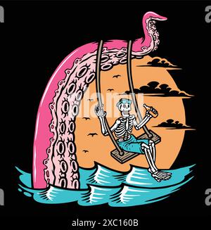 Skull swinging with giant octopus Stock Vector
