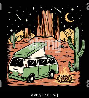 campervan and desert landscape at night Stock Vector