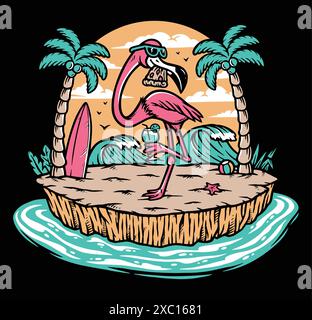Beautiful flamingo on the beach illustration Stock Vector