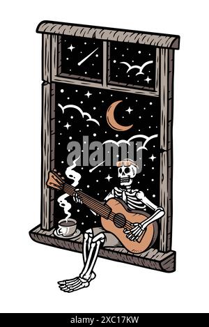 Skull playing guitar in the window at night Stock Vector