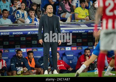 Barcelona, Spain. 13th June, 2024. Head coach Miguel Angel Ramirez (Sporting de Gijon) looks on during a Playoff La Liga Hypermotion match between RCD Espanyol and Real Sporting at Stage Front Stadium, in Barcelona, Spain on June 13, 2024. Photo by Felipe Mondino Credit: Independent Photo Agency/Alamy Live News Stock Photo