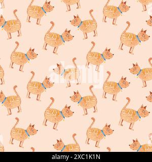 Seamless children's pattern of watercolor cats. We draw animals with watercolors. Children on a beige background. Hand drawn illustration. Painted Stock Photo