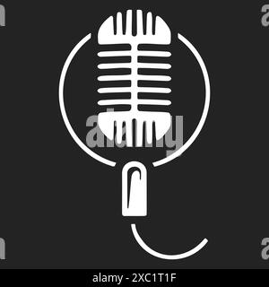 A white microphone stands against a black backdrop Stock Vector