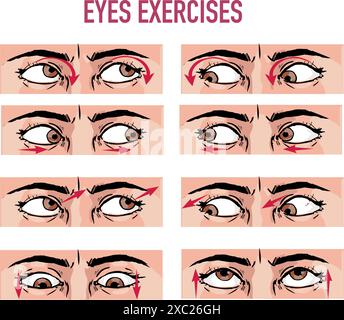 A set of exercises for the eyes. For better vision, relaxation, stretching, focus, training the eye muscles Stock Vector