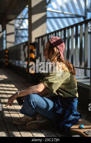 Young woman sitting on a skateboard on the street. Stock Photo