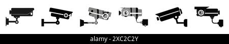Set of black silhouettes of security cameras, isolated on a white background. Simple graphic design of surveillance equipment. Suitable for prints, lo Stock Vector