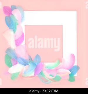 Feather plumage abstract beautiful background border frame on pink. Softness, delicate, feminine composition. Stock Photo