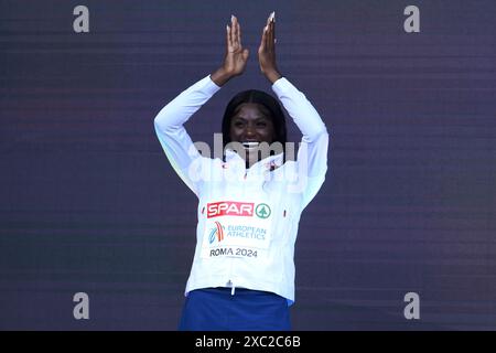 Daryll Neita of Great Britain celebrates during the medal ceremony of the 200m women during the European Athletics Championships at Olimpico stadium in Rome (Italy), June 12, 2024. Daryll Neita placed second winning the silver medal. Stock Photo