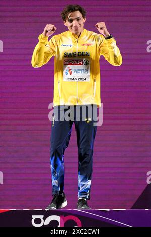 Armand Duplantis of Sweden celebrates during the medal ceremony of th pole vault men final at the European Athletics Championships at Olimpico stadium in Rome (Italy), June 12, 2024. Armand Duplantis placed first winning the gold medal. Stock Photo