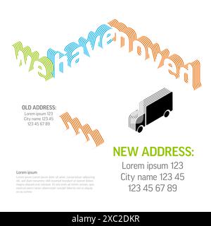 We are moving minimalistic flyer template with place for new company office shop location address. We are moved infographic with car. Template for pos Stock Vector