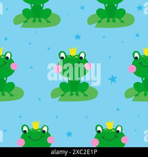 Frog pattern design with several frogs - funny hand drawn doodle, seamless pattern. Lettering poster or t-shirt textile graphic design. wallpaper, wra Stock Vector
