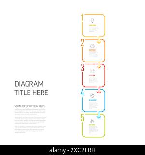 Vertical simple five steps infographic schema template made from thick frame rounded squares with icons and sample texts and big numbers on the side Stock Vector