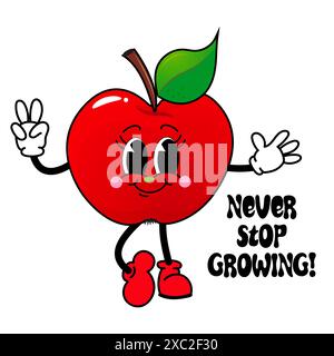 Groovy red apple - School concept in old classic cartoon style. Vintage cute character isolated on white background. Stock Vector