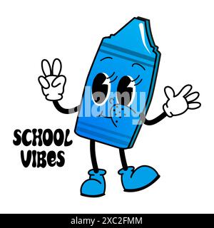 Groovy blue crayon - School concept in old classic cartoon style. Vintage cute character isolated on white background. Stock Vector