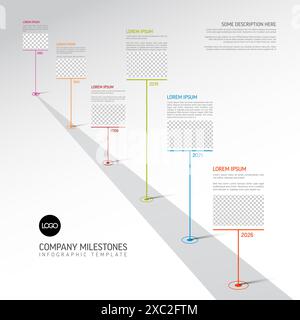 Timeline template with diagonal road and thick pointers with sample text content and various photo placeholders. Simple time line template with photos Stock Vector
