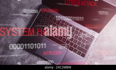 Laptop desktop view with VR cyberattack interface. Cyber security data protection business technology. Protection against dangers. Stock Photo