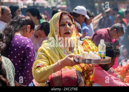 A Kashmiri Pandit (Hindu) devotee prays during the annual Hindu festival Mata Kheer Bhawani Mela at the Kheer Bhawani Temple in the Tullamulla area of Ganderbal district, about 30 kilometres northeast of Srinagar. Amid tight security, thousands of Kashmiri Hindus, many of whom were displaced 25 years ago, attended the festival to pay homage to the Hindu goddess Mata Kheer Bhawani on her birth anniversary. Some 200,000 Kashmiri Pandits fled the Himalayan disputed region in the early 1990s at the start of an insurgency against Indian rule, mainly to the Hindu-dominated southern city of Jammu, an Stock Photo