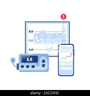 World diabetes day. Independent glucose monitoring system, the sensor sends a signal, application on the phone. Hyperglycemia or hypoglycemia treatmen Stock Vector