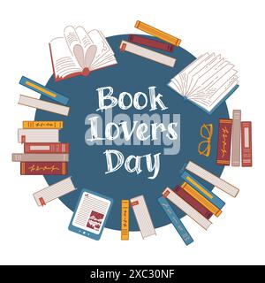 Book club. Round frame made of books. Stacks of textbooks, e-book, glasses. Concept for lovers of reading. Vector illustration in doodle style. For ba Stock Vector