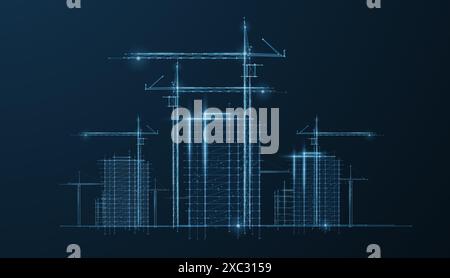 Digital construction site sketch. Building 3D Printing, Building Information Modeling Stock Vector