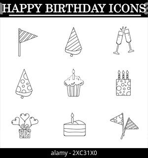 Set of birthday outline icons on the white background. Celebration icons. Isolated vector. Stock Photo