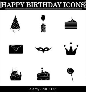 Set of birthday simple icons on the white background. Celebration black ...