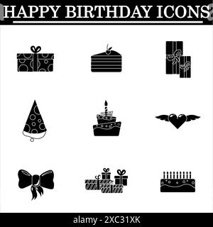 Set of birthday simple icons on the white background. Celebration black ...