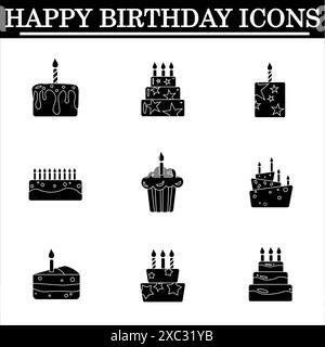 Set of birthday simple icons on the white background. Celebration black ...