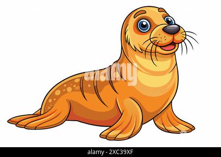 Cartoon illustration of a cute sea lion isolated on white background Concept of marine animal art, adorable baby sea lion. Perfect for print, icon, lo Stock Vector