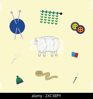 Knitting set. Handmade hat, sheep, crochet, thread and wool yarn ball. Flat vector collection isolated background Stock Vector