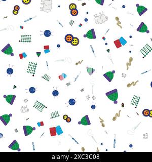 Knitting seamless pattern. Handmade hat, sheep, crochet, thread and wool yarn ball. Flat vector collection isolated background Stock Vector