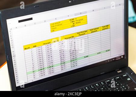 Shot of an excel sheet on computer screen showing bank loan amortization table. Stock Photo