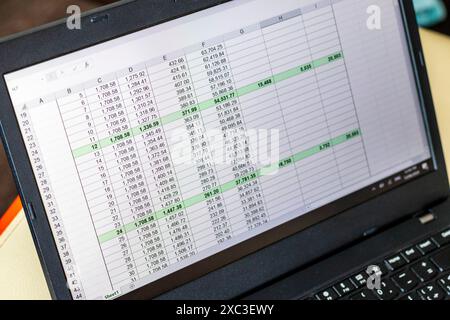 Shot of an excel sheet on computer screen showing bank loan amortization table. Stock Photo